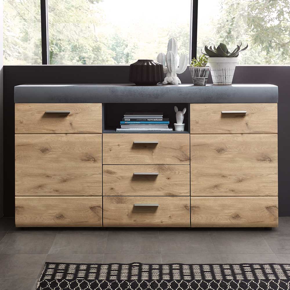 Modernes Sideboard Cora in Wildeichefarben und Dunkelgrau