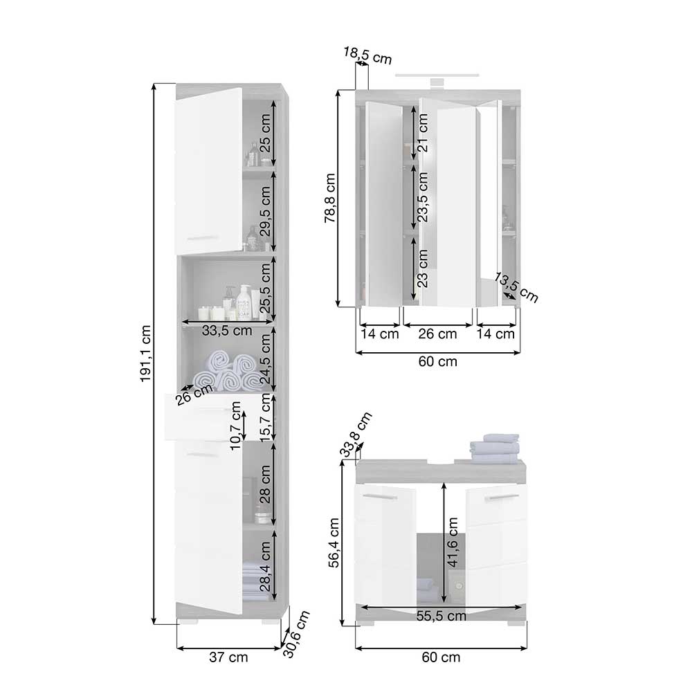 Badmöbelkomplettset Hayoran mit Spiegelschrank 191 cm hoch (vierteilig)