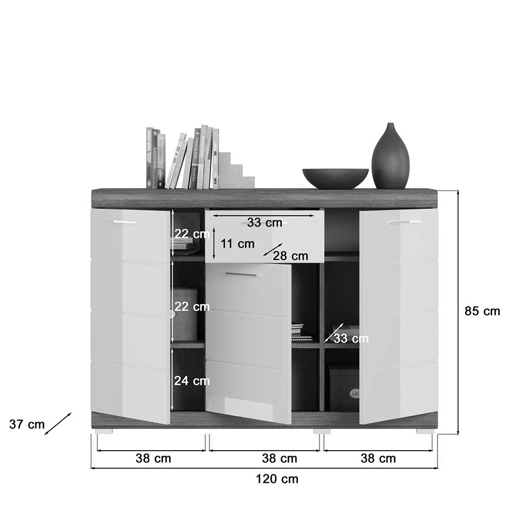 Wohnzimmerkommode Hayoran in Grau und Weiß mit Hochglanz Front