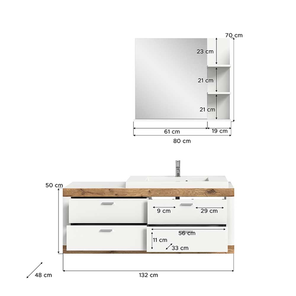 Badmöbelset mit Becken Liss in Weiß und Wildeichefarben (zweiteilig)