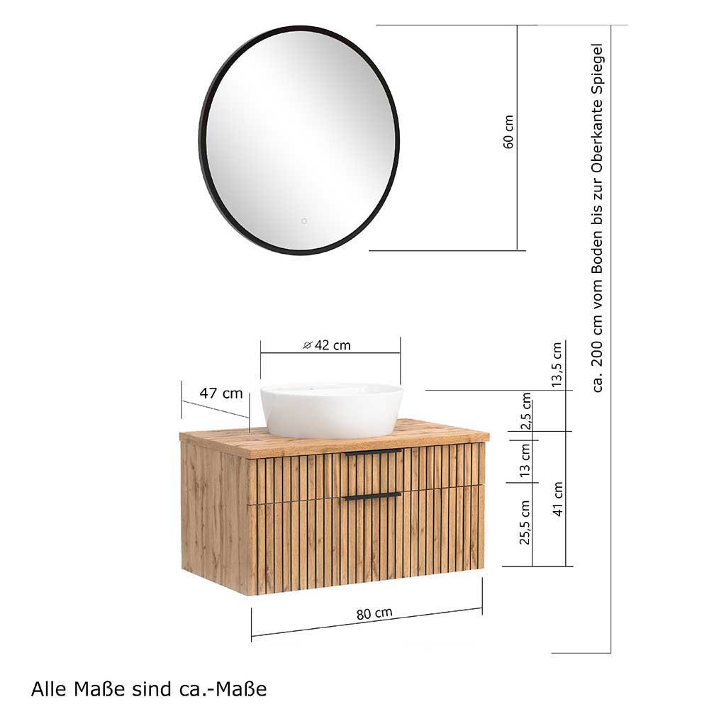 Bad Moebelset modern Cadama in Wildeichefarben mit LED Beleuchtung (dreiteilig)