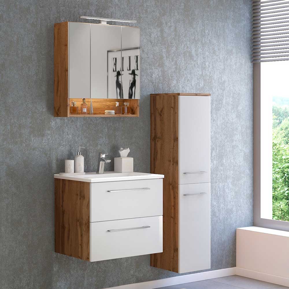 Badezimmer Möbelset Vidorella in Weiß und Wildeiche Optik 90 cm breit (dreiteilig)