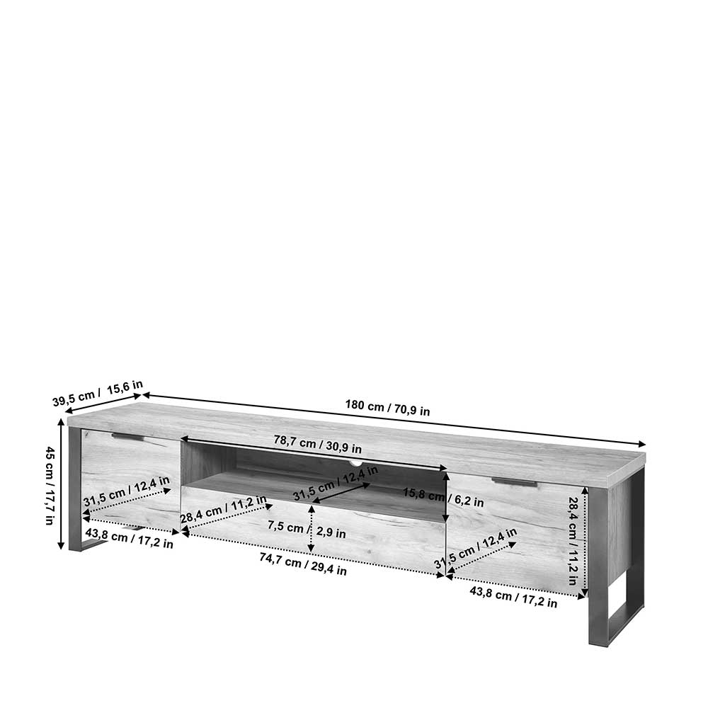 TV Board Tacuria mit Türen und Bügelgestell aus Metall