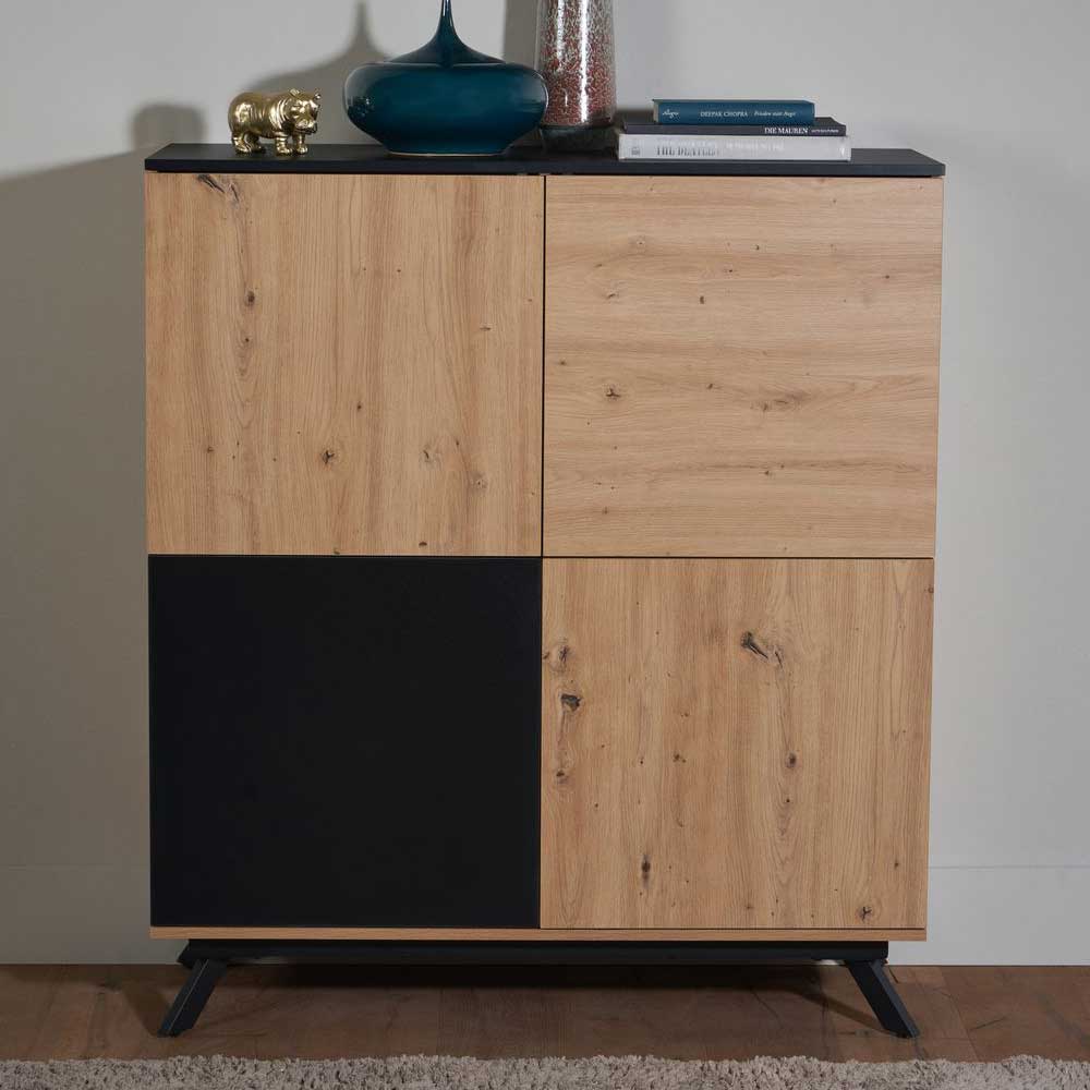 Highboard Lunau in Schwarz und Eichefarben mit Drehtüren