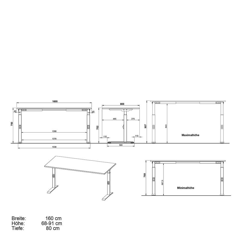 Weißer Büroschreibtisch Kalastania höhenverstellbar - 80 cm tief