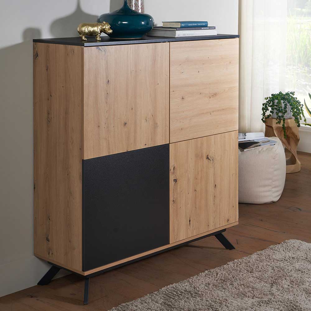 Highboard Lunau in Schwarz und Eichefarben mit Drehtüren