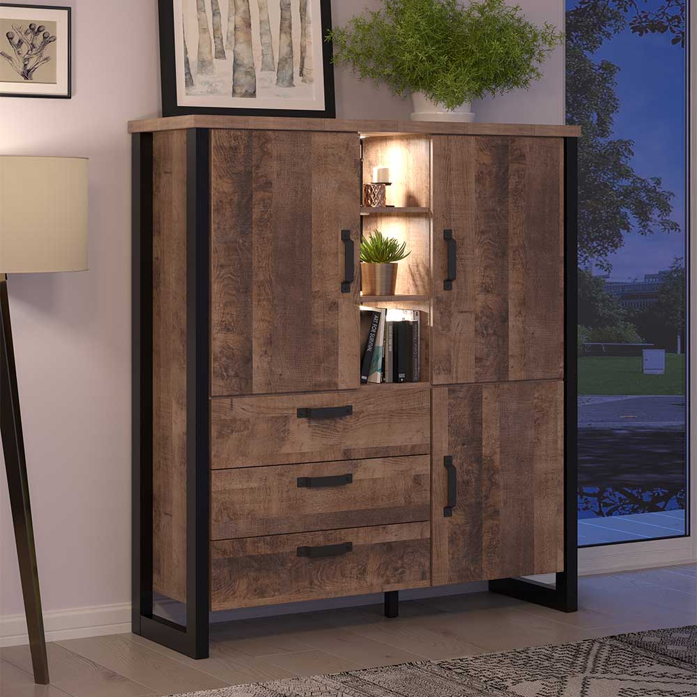 Industriestil Highboard Famosia mit drei Schubladen und drei Türen