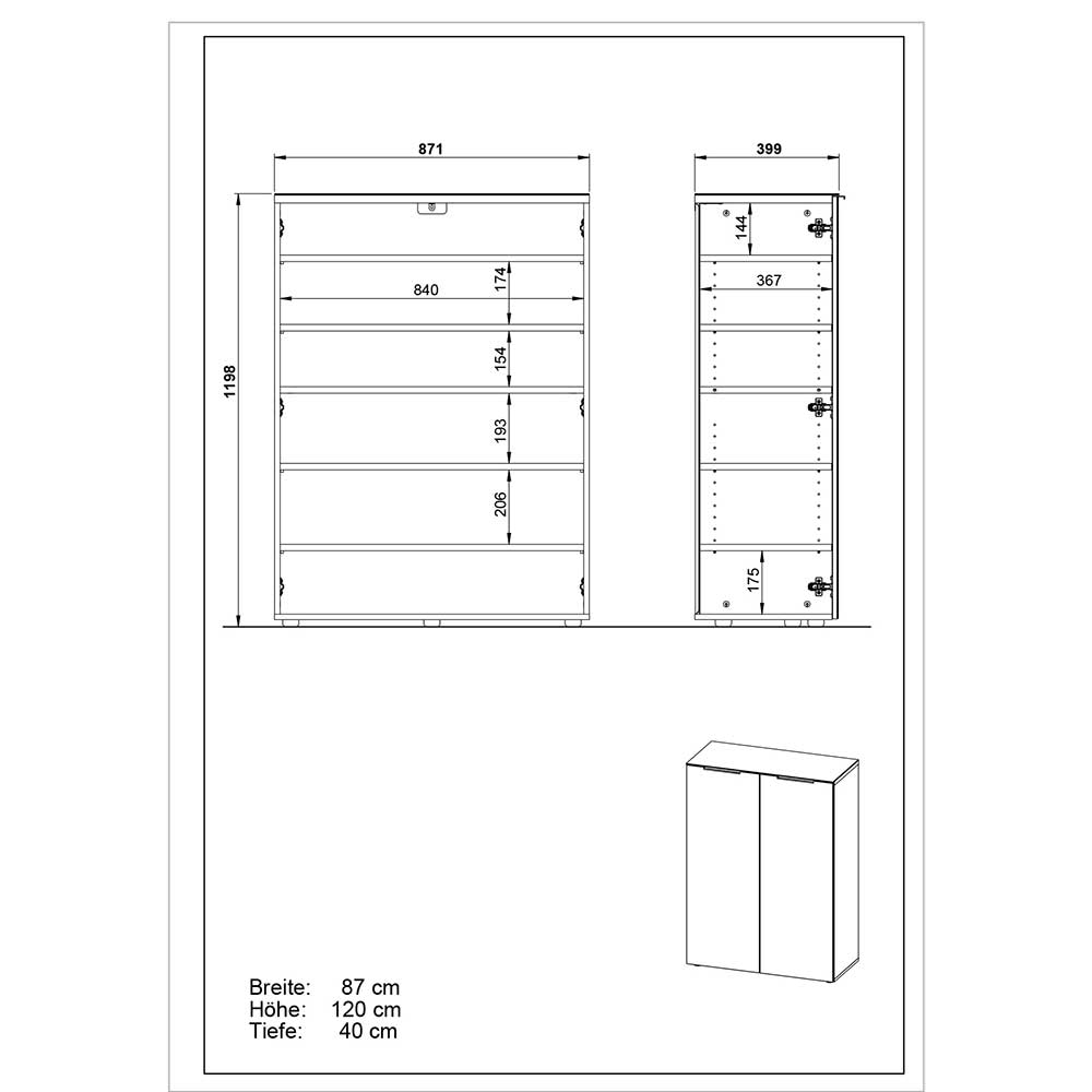 Flurgarderobe Anita melaminbeschichtet und glasbeschichtet (vierteilig)