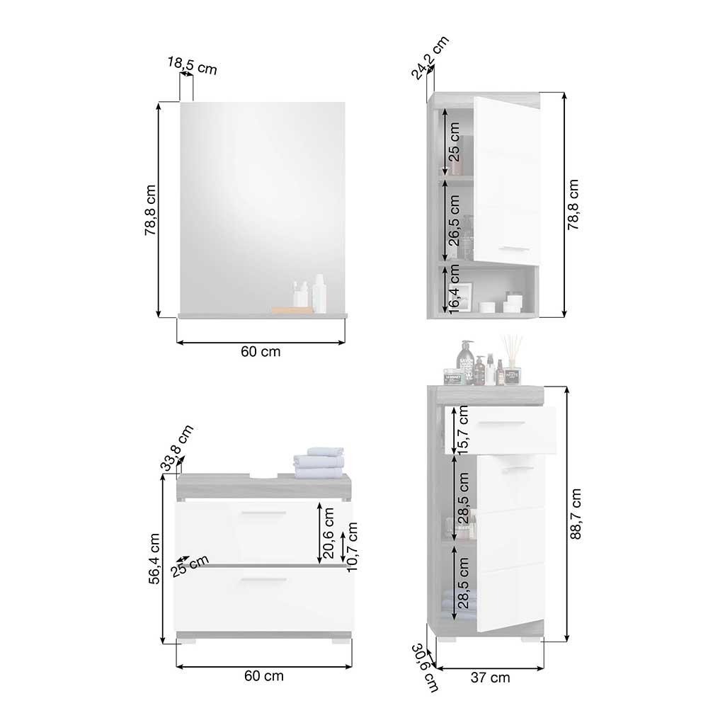 Moderne Badmöbel Hayoran in Rauchgrau und Weiß (vierteilig)
