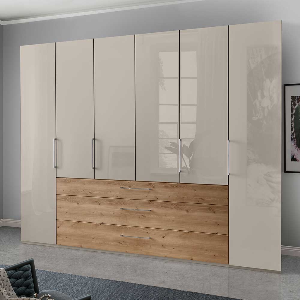 XL Kleiderschrank Sabadella in Beige und Eiche Bianco Türen glasbeschichtet