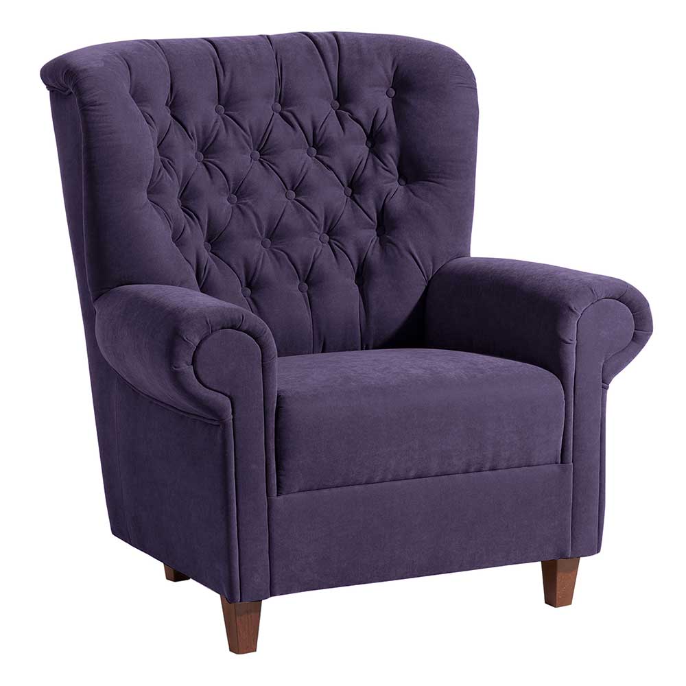 Chesterfield Polstersessel Walentina in Violett mit Velours Bezug