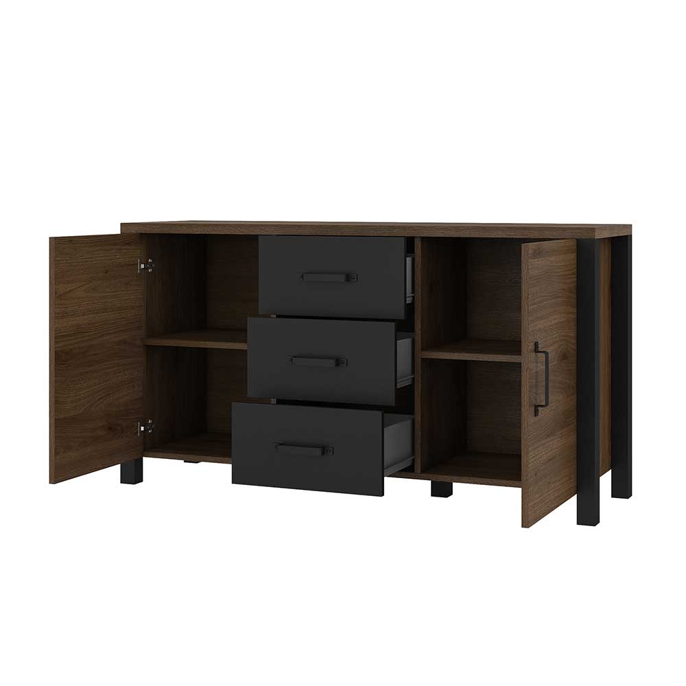 Industriestil Sideboard Racadia in Walnussfarben und Schwarz