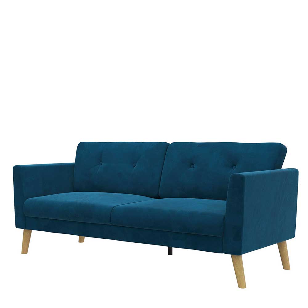 Retrostil Sofa Mutonios in Blau mit Vierfußgestell aus Holz