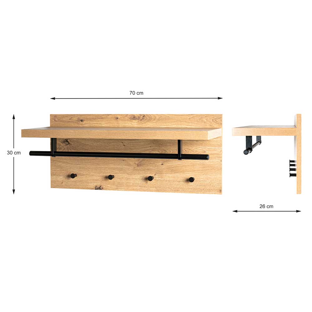 Wandgarderobe Wash in Eichefarben mit Kleiderstange aus Metall