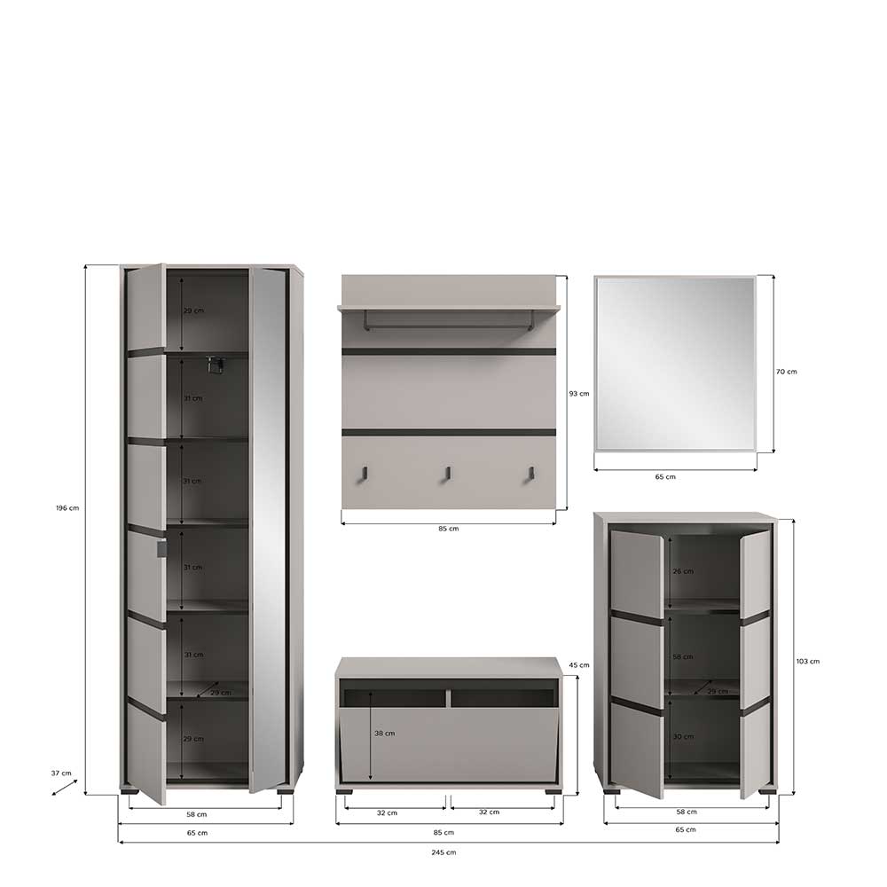 Garderobenkombination Ristina in modernem Design 196 cm hoch (fünfteilig)