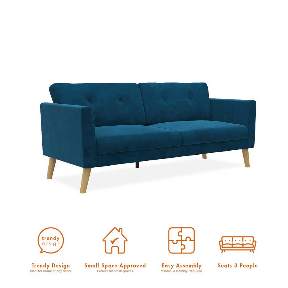 Retrostil Sofa Mutonios in Blau mit Vierfußgestell aus Holz