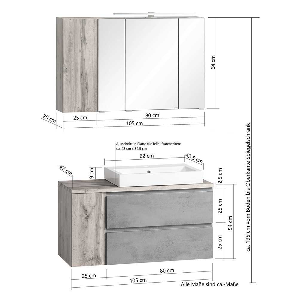 Badmöbelkomplettset modern Fregato in Wildeichefarben und Dunkelgrau (vierteilig)
