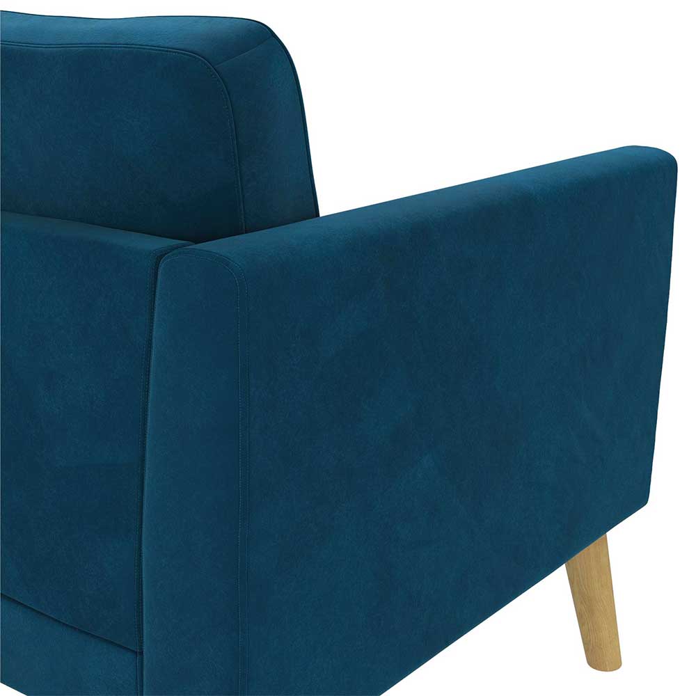 Retrostil Sofa Mutonios in Blau mit Vierfußgestell aus Holz