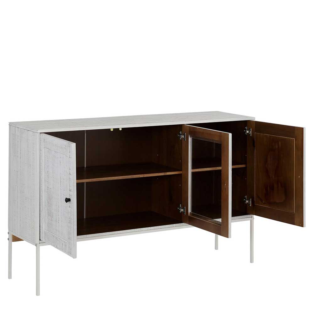 Sideboard Wareva aus Massivholz in Cremefarben mit Glastür