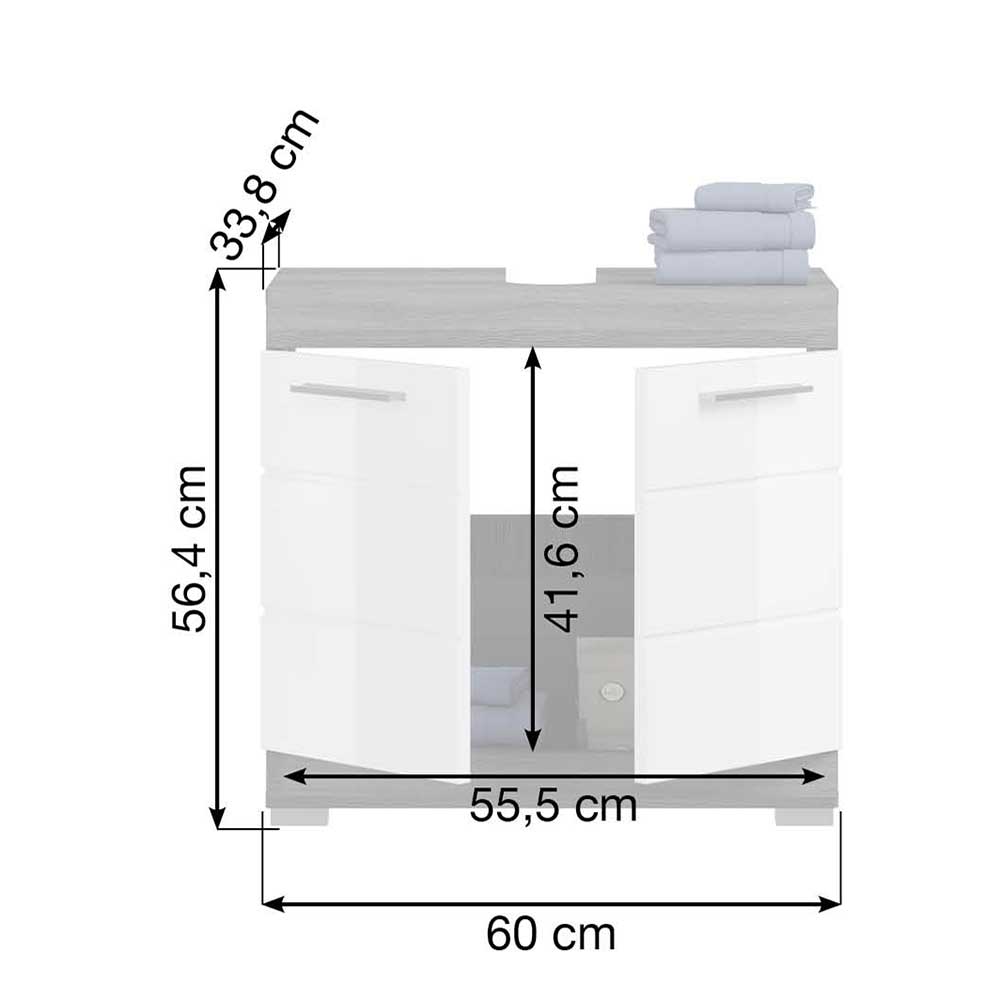 Waschtischunterschrank Hayoran in Weiß Hochglanz und Holzoptik Rauchgrau