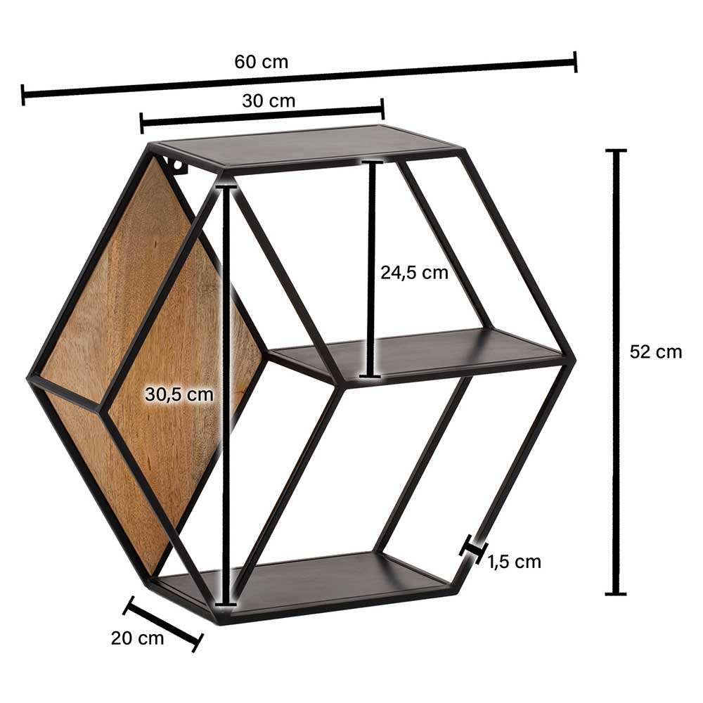 Wandregal Lasmus in sechseckiger Form aus Metall und Holz