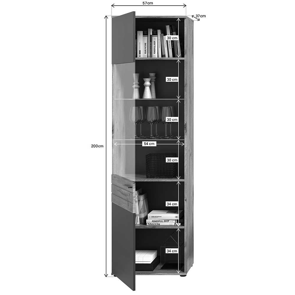 Wohnzimmervitrinenschrank Plestna 200 cm hoch und 57 cm breit