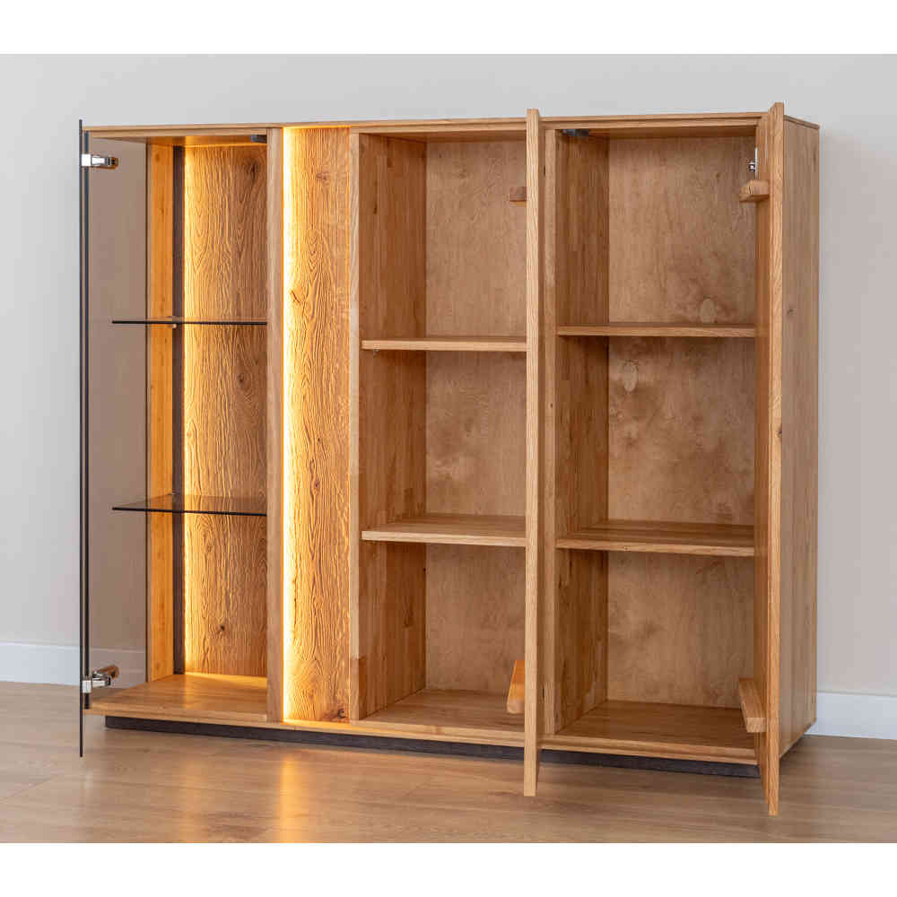 Wohnzimmer Highboard Rusaly mit Glastür und LED Beleuchtung