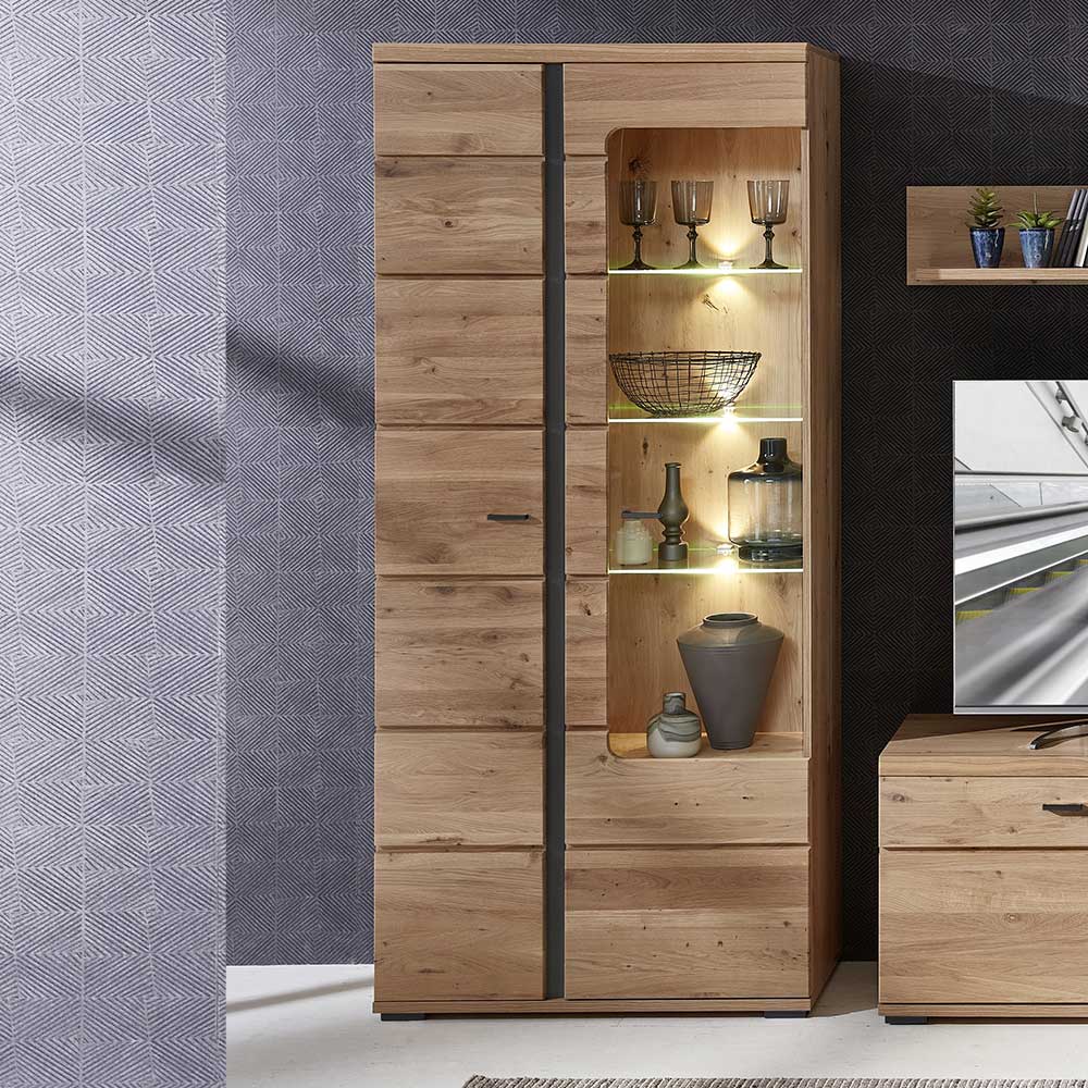 Wohnzimmervitrinenschrank Sebetino mit LED Beleuchtung 90 cm breit