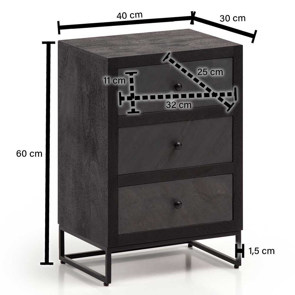 Nachtkommode Mureca mit drei Schubladen 60 cm hoch