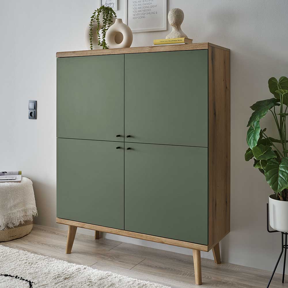 Wohnzimmer Highboard Lora in Graugrün und Wildeichefarben