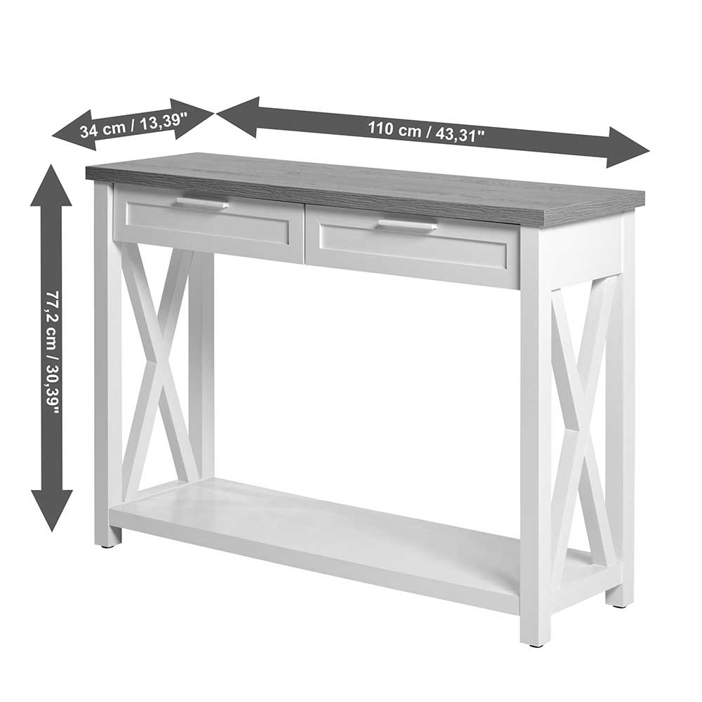 Konsolentisch Stephanie mit zwei Schubladen in Eichefarben und Weiß