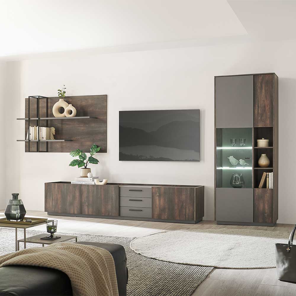 Moderne Design TV Wohnwand Hanniba in Anthrazit und Eiche dunkel  dreiteilig