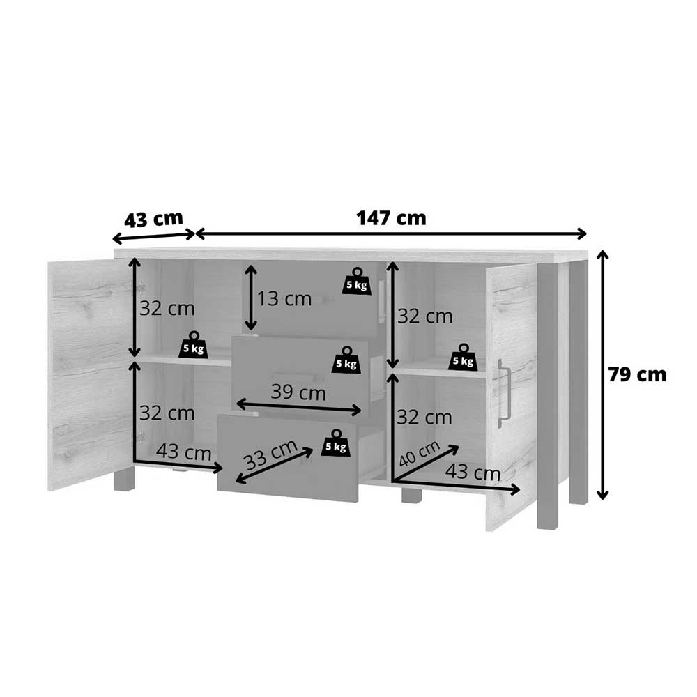 Industriestil Sideboard Racadia in Walnussfarben und Schwarz