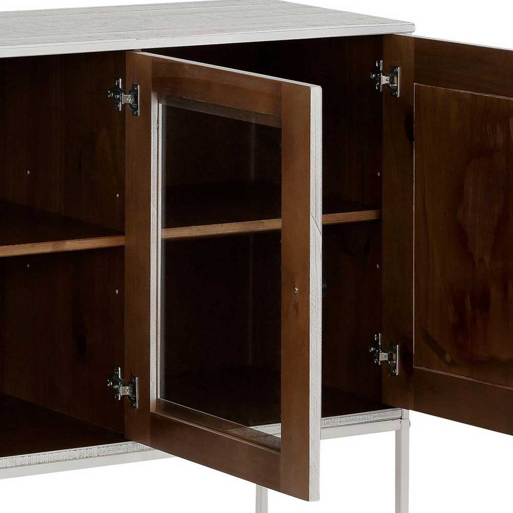 Sideboard Wareva aus Massivholz in Cremefarben mit Glastür