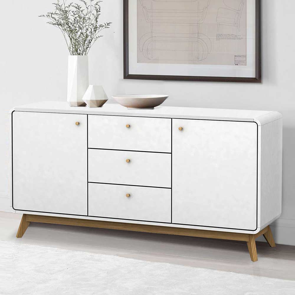 Weißes Skandi Design Sideboard Zedias mit drei Schubladen 140 cm breit