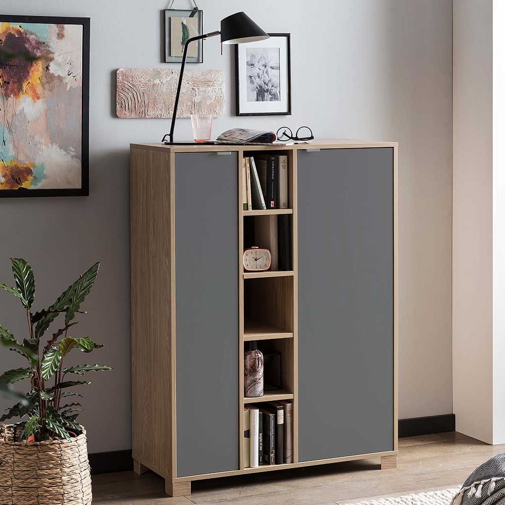 Modernes Highboard Bergi in Dunkelgrau und Eiche hell