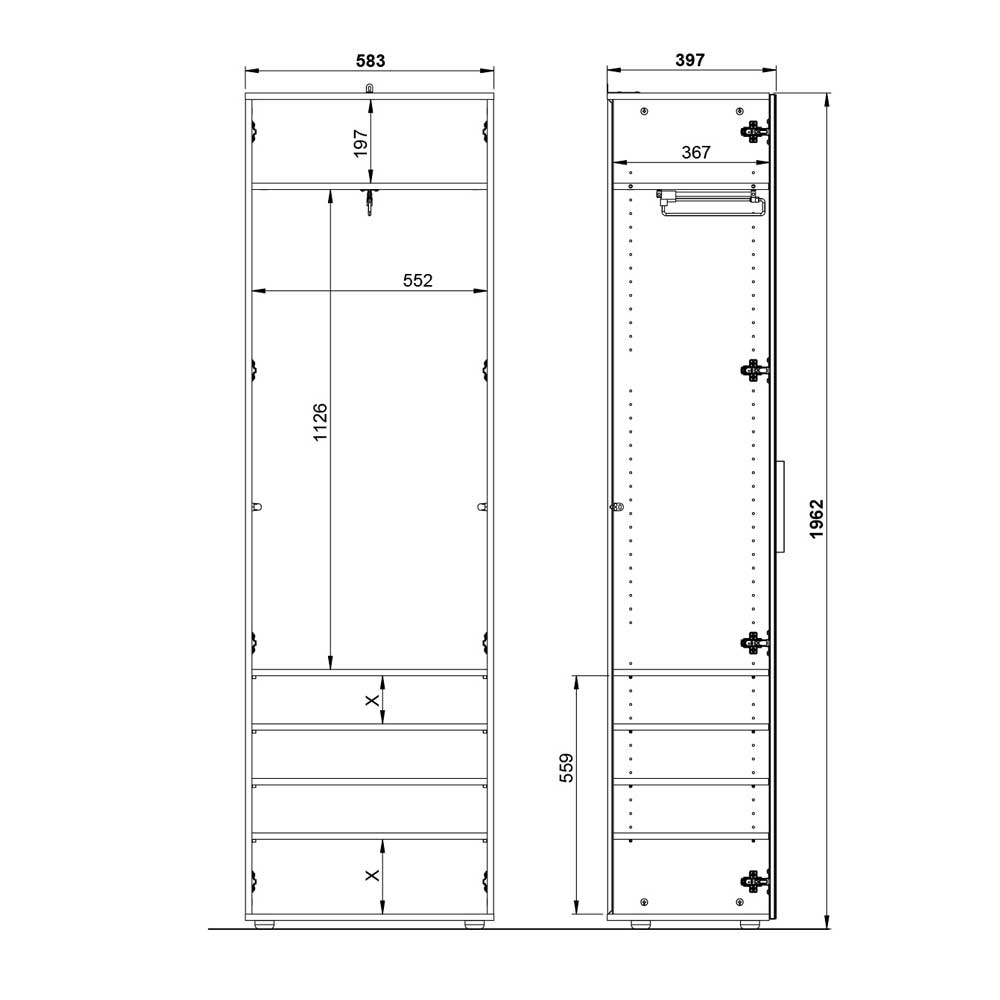 Dielen Kleiderschrank Anita mit Metallgriffen Front glasbeschichtet