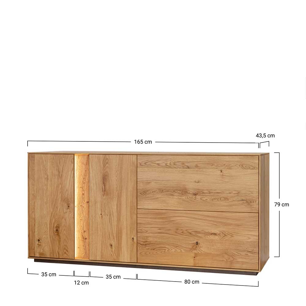 Große Kommode Rusaly mit LED Beleuchtung aus Wildeiche Massivholz