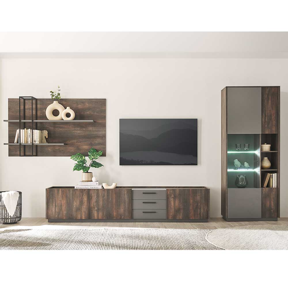 Moderne Design TV Wohnwand Hanniba in Anthrazit und Eiche dunkel (dreiteilig)