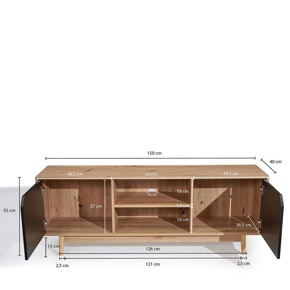 TV Lowboard Lunau in Eichefarben und Schwarz 150 cm breit