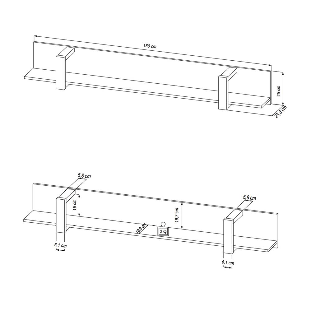 Wandboard Besi in Schwarz Melamin 25 cm hoch