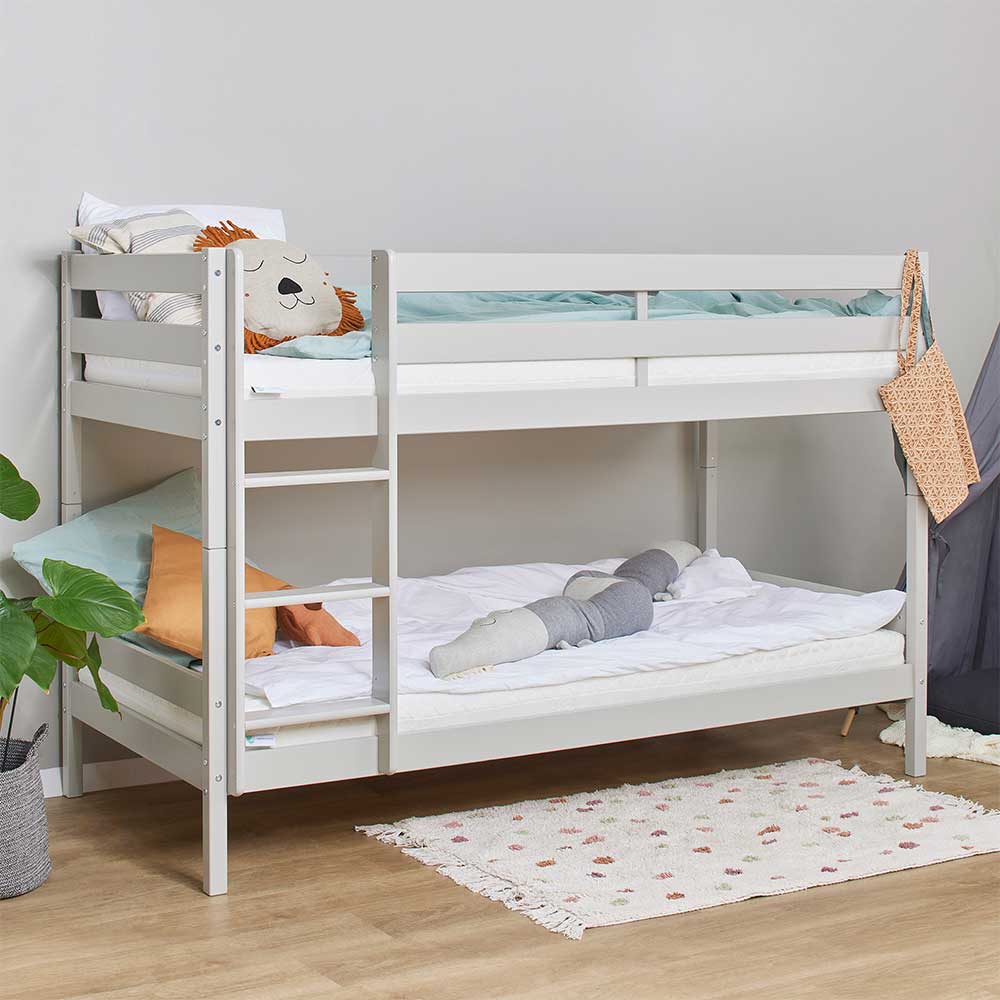 Kinderstockbett Gullit in Hellgrau aus Kiefer Massivholz