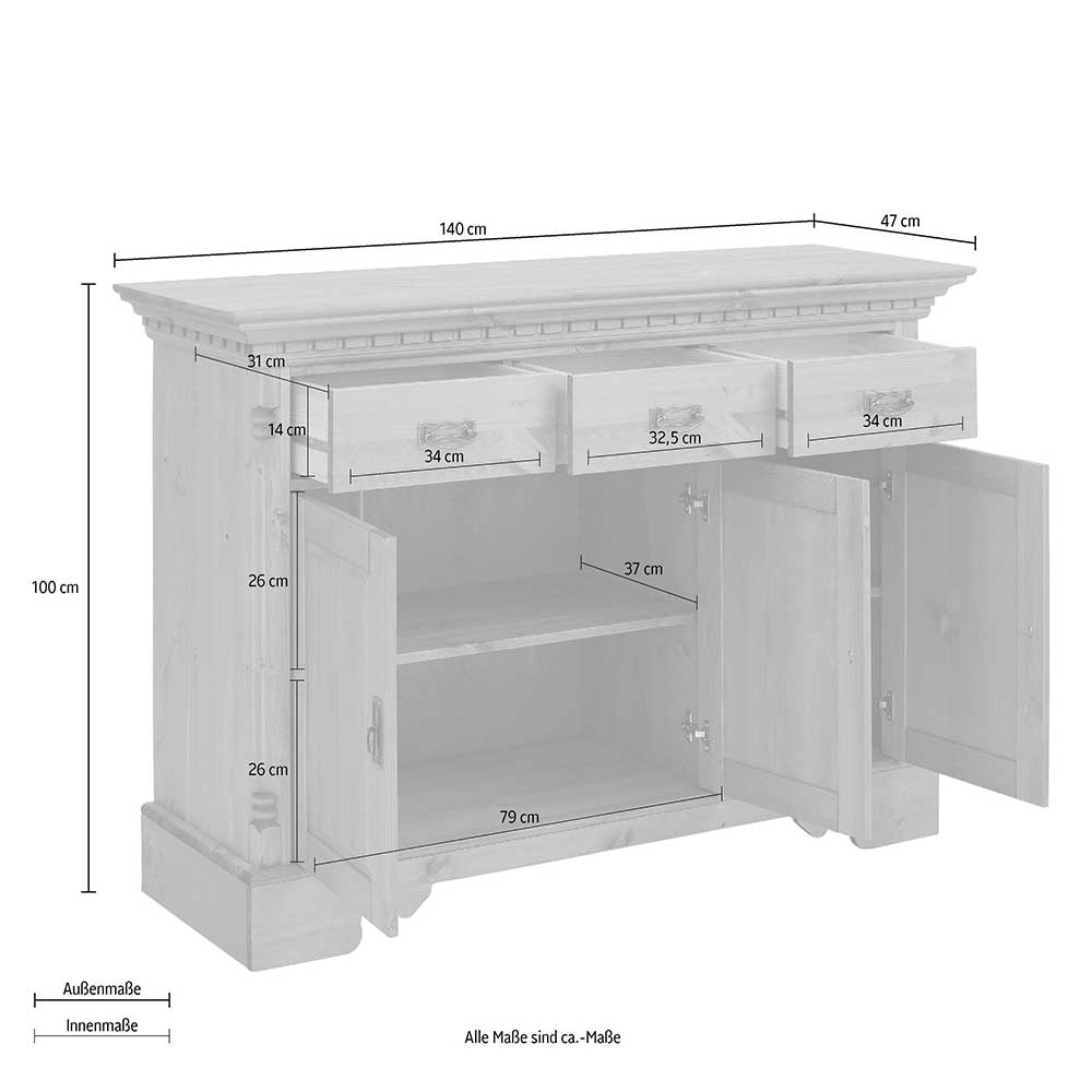 Landhaus Massivholz Sideboard Vascires in Weiß aus Kiefer gewachst