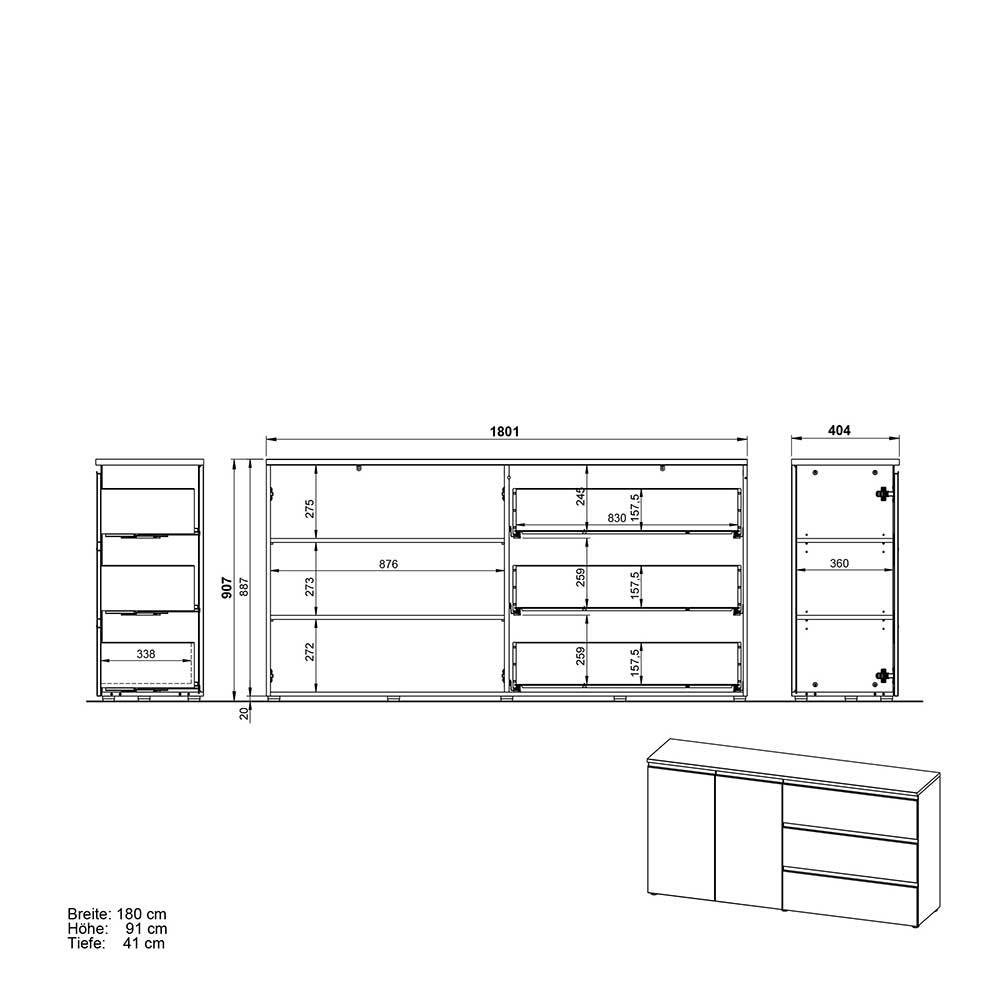 Sideboard Tumeato mit drei Schubladen in Grau