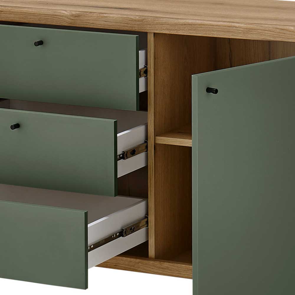 Skandi Design Esszimmersideboard Lora in Graugrün und Wildeichefarben