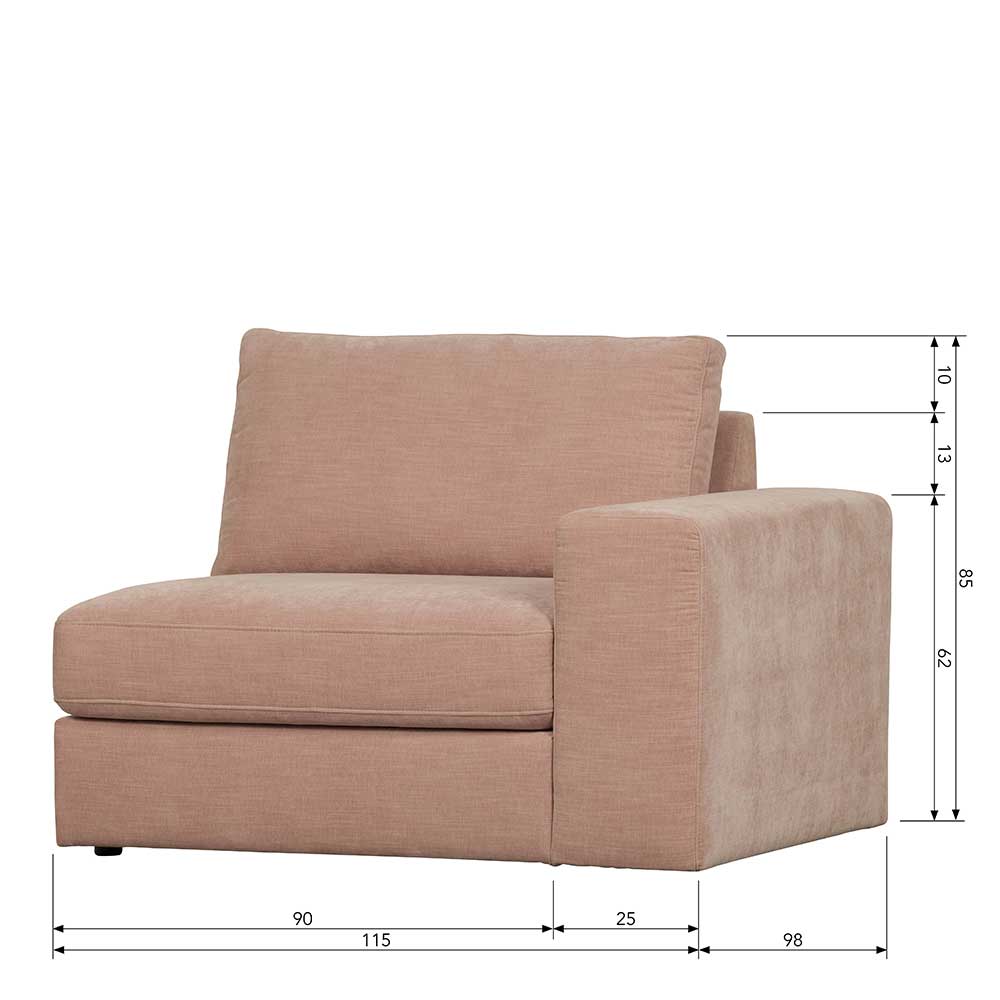 Rosa Einsitzer Modul Couch Oktamian aus Webstoff mit Armlehne rechts