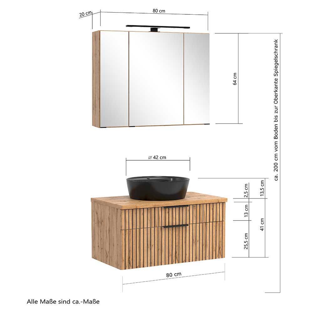 Badmöbel Set Holzoptik Cadama melaminbeschichtet in Wildeichefarben (dreiteilig)