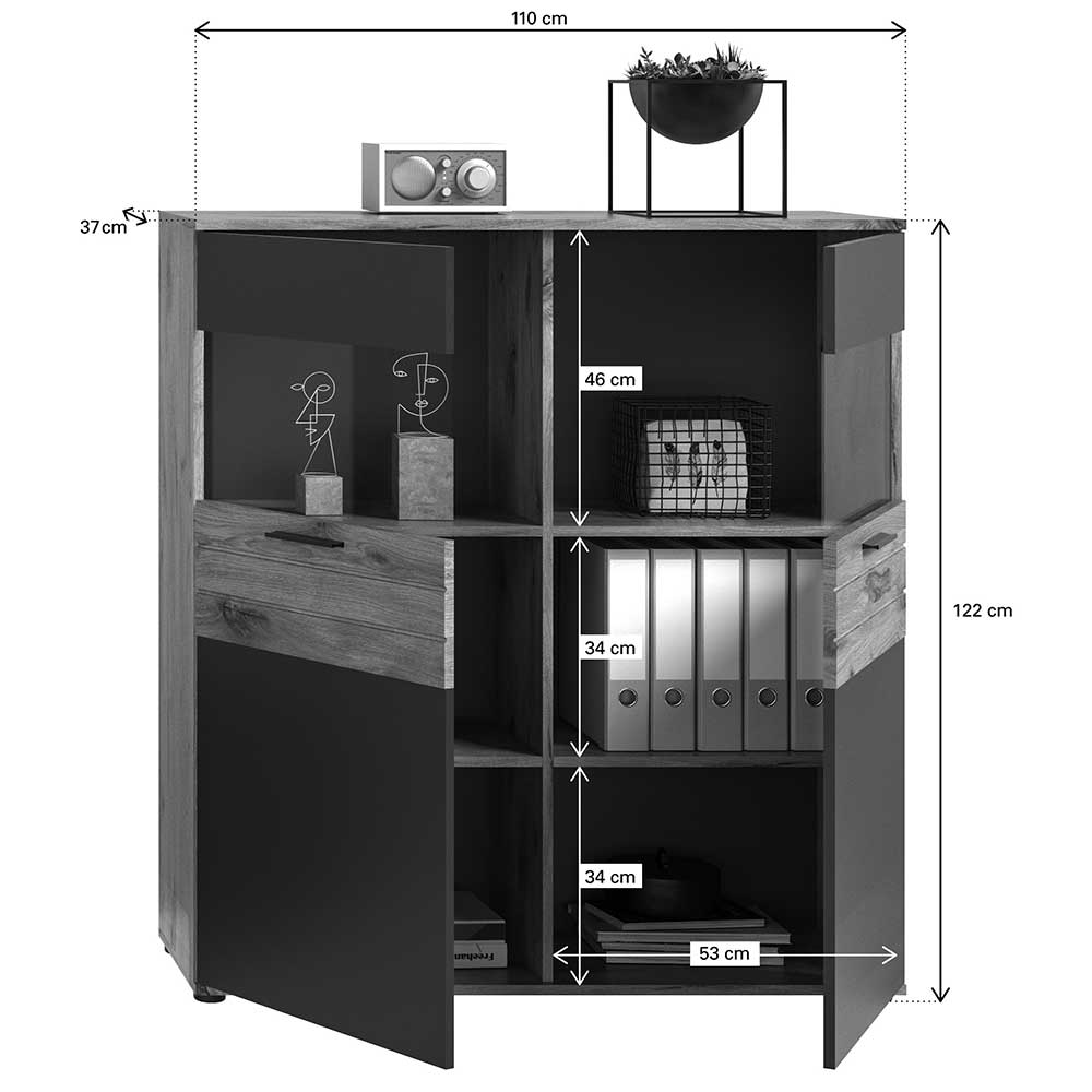 Highboard Vitrine Plestna 122 cm hoch mit Glastüren