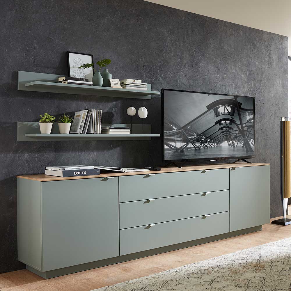 Wohnzimmer-Sideboard Ilussiana in Graugrün und Wildeichefarben