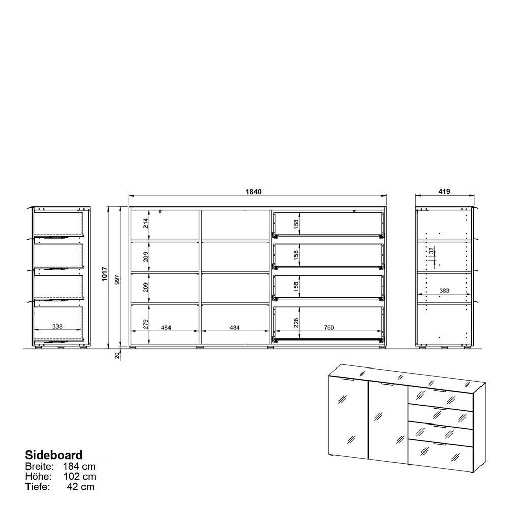 Großes Sideboard Genrom in Dunkelgrau und Silbergrau 184 cm breit